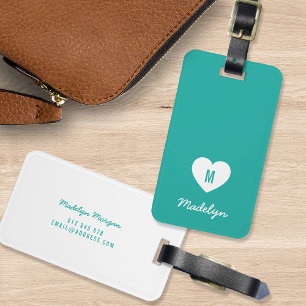 Custom Colour Monogram Heart Modern Script Luggage Tag