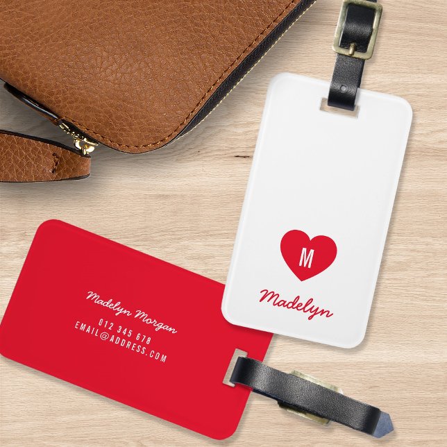 Custom Colour Monogram Heart Modern Script Luggage Tag (Creator Uploaded)