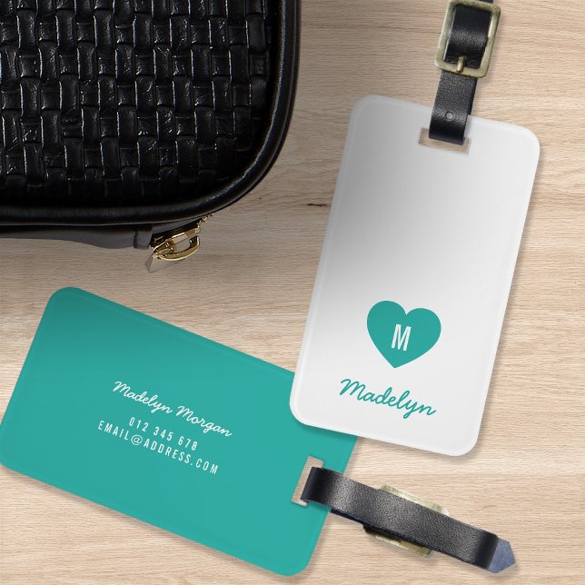 Custom Colour Monogram Heart Modern Script Luggage Tag (Creator Uploaded)