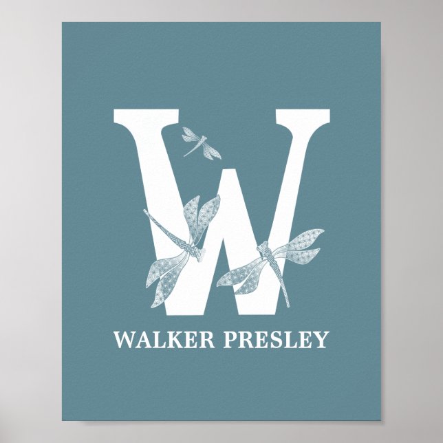 Custom Colour Monogram Letter W Dragonfly boy girl Poster (Front)