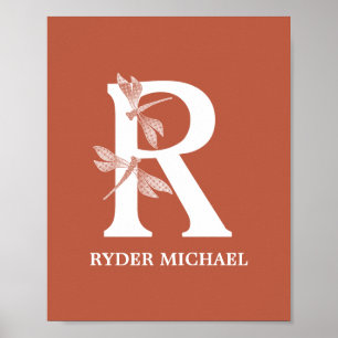 Custom Colour Name Monogram Letter R Dragonfly Art Poster