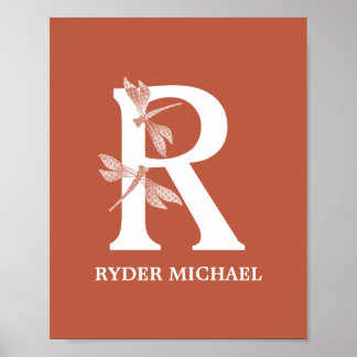 Custom Colour Name Monogram Letter R Dragonfly Art Poster