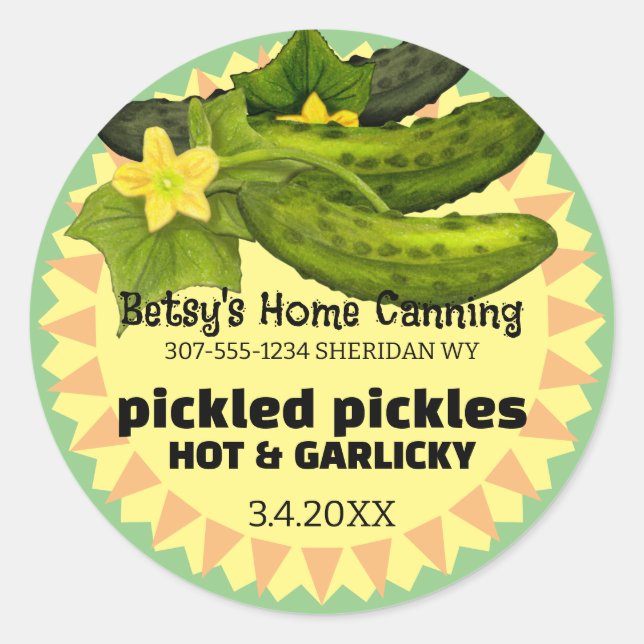 custom colour pickle pickled cucumber canning labe classic round sticker (Front)