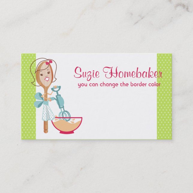 Custom colour retro spoon girl bakery egg beater business card (Front)