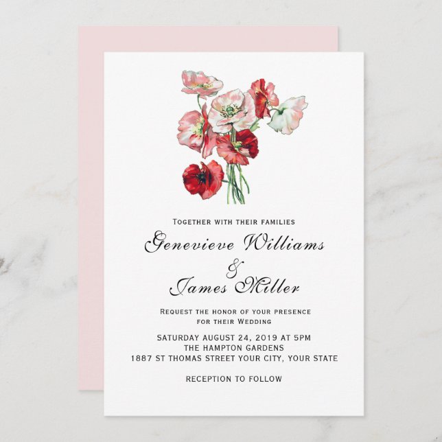 Custom Colour Romantic Red/Pink Poppies Wedding Invitation (Front/Back)