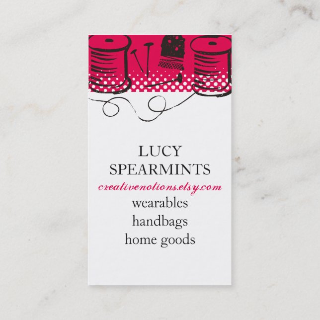 Custom colour sewing notions pincushion scissors business card (Back)