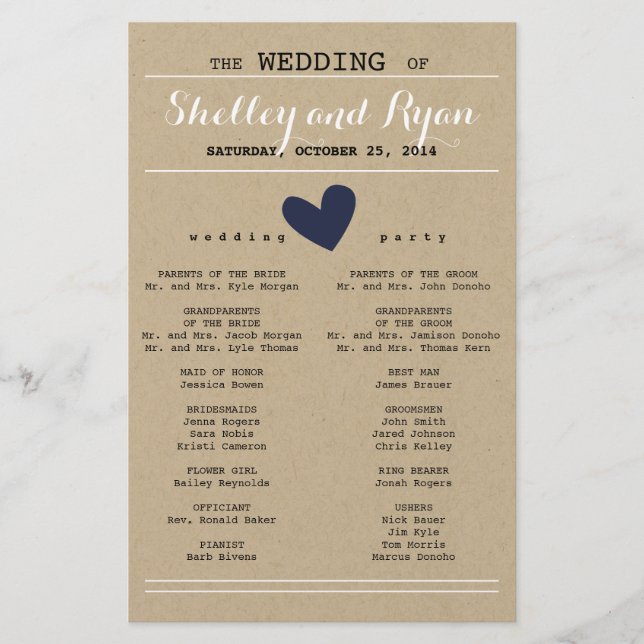 Custom Colour Simple Heart Wedding Program (Front)