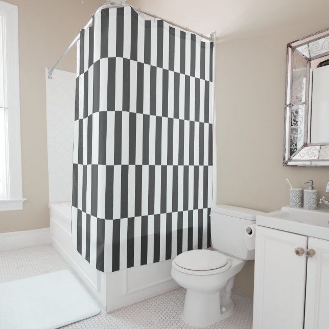 Custom Colour Stripe Mid Century Chequerboard Grey Shower Curtain (In Situ)