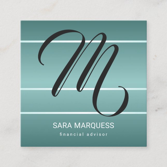 Custom Colour Teal Blue Metallic Stripes Monogram Square Business Card (Front)