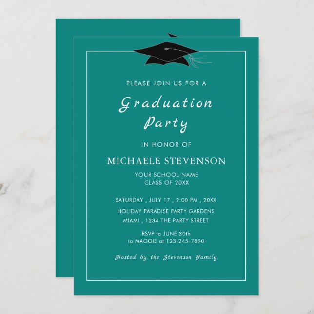 Custom Colour Teal Graduation Invitations Texmplat (Front/Back)