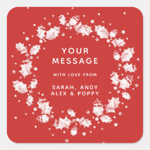 Custom Colour + Text Christmas Holly Wreath Square Sticker