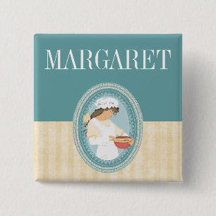 custom colour vintage bakery girl baking name 15 cm square badge