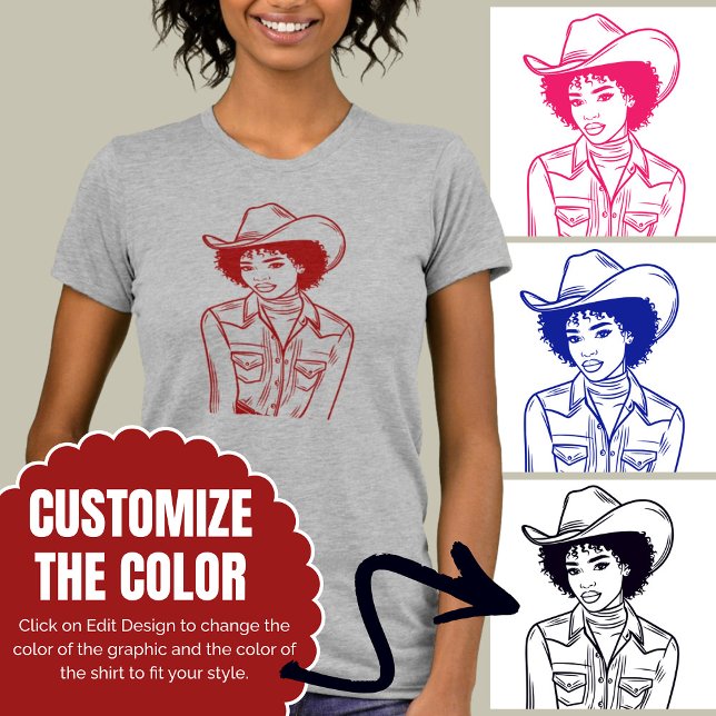 Custom Colour Western Cowgirl Line Drawing Style T-Shirt (Custom Color Western Cowgirl Line Drawing Style T-Shirt)