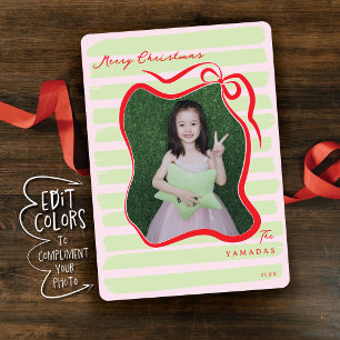 Custom Colour Whimsical Bow Striped Photo Christma Holiday Card