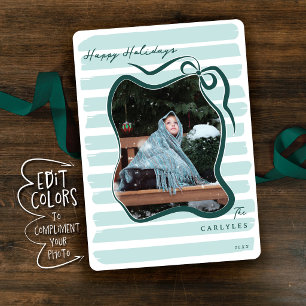 Custom Colour Whimsical Bow Striped Photo Holiday Card