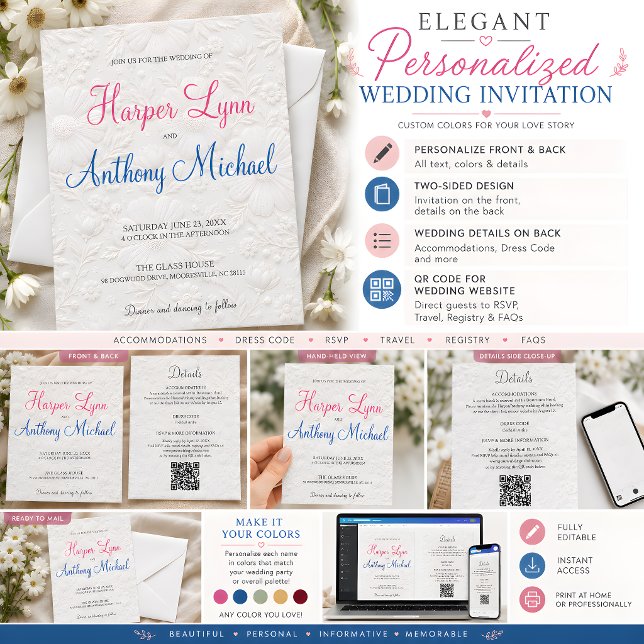 Custom Colour White Floral Wedding Invitation (Custom Color White Floral Wedding Invitation, all-in-one with details on the back.)