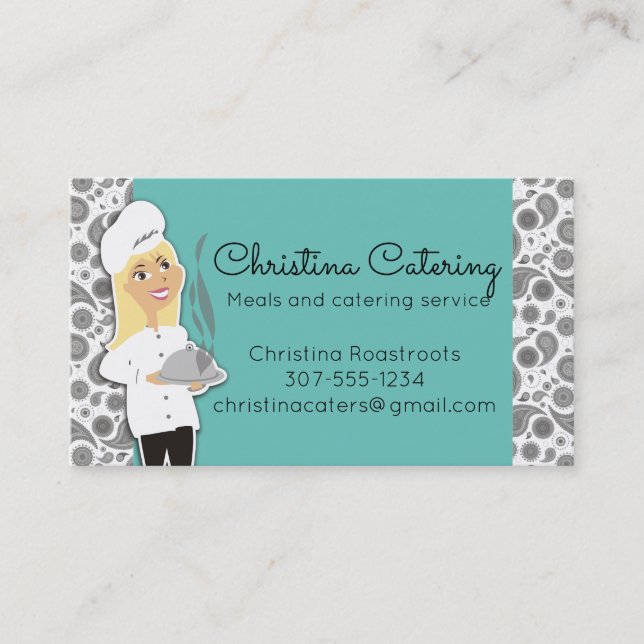 Custom colour woman chef blonde catering business card (Front)