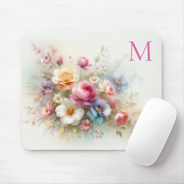 Custom Colourful Aquarell Floral Template Monogram Mouse Pad (With Mouse)