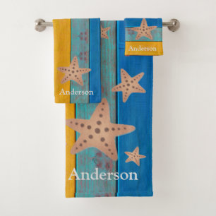 Custom Colourful  Beach Rustic Wood Starfish Bath Towel Set