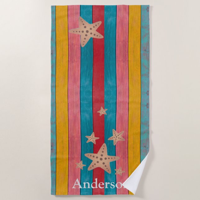 Custom Colourful  Beach Rustic Wood Starfish  Beach Towel (Front)