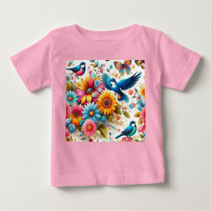 Custom Colourful Butterflies Birds Flowers Pink Baby T-Shirt