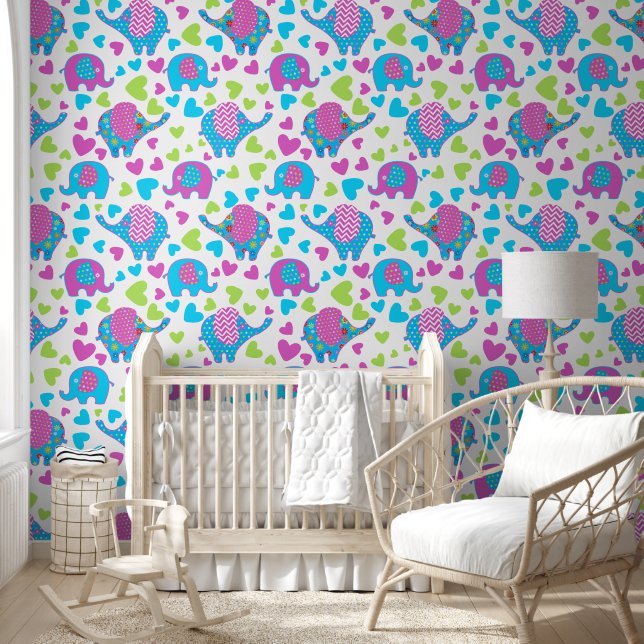Custom Colourful Elephant Parade Pattern Wallpaper (Kids)