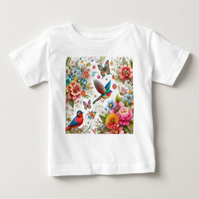 Custom Colourful Flowers Birds Butterfly Template Baby T-Shirt (Front)