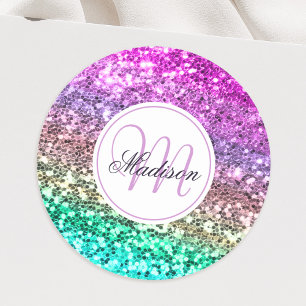 Custom Colourful Glitter Mermaid Monogrammed Name Classic Round Sticker