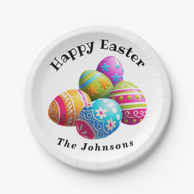 Custom Colourful Modern Egg Hunt Happy Easter  Paper Plate (Front)