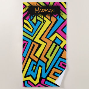Custom Colourful Neon Graffiti Street Art Pattern Beach Towel