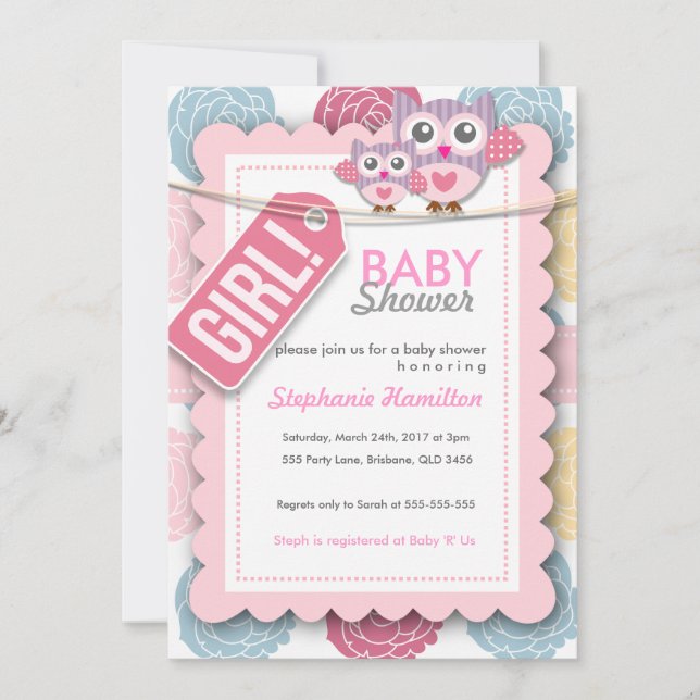 Custom colourful  owl flower baby shower invite (Front)