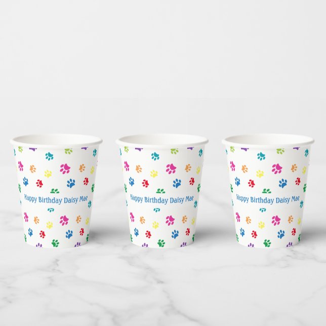 Custom Colourful Paw Prints Blue Pet Birthday Part Paper Cups (Multi)