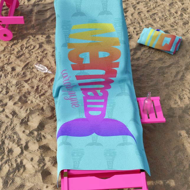 Custom Colourful Rainbow Mermaid Tail Beach Towel (Colorful and fun mermaid themed beach towel just for you. Add your name!)