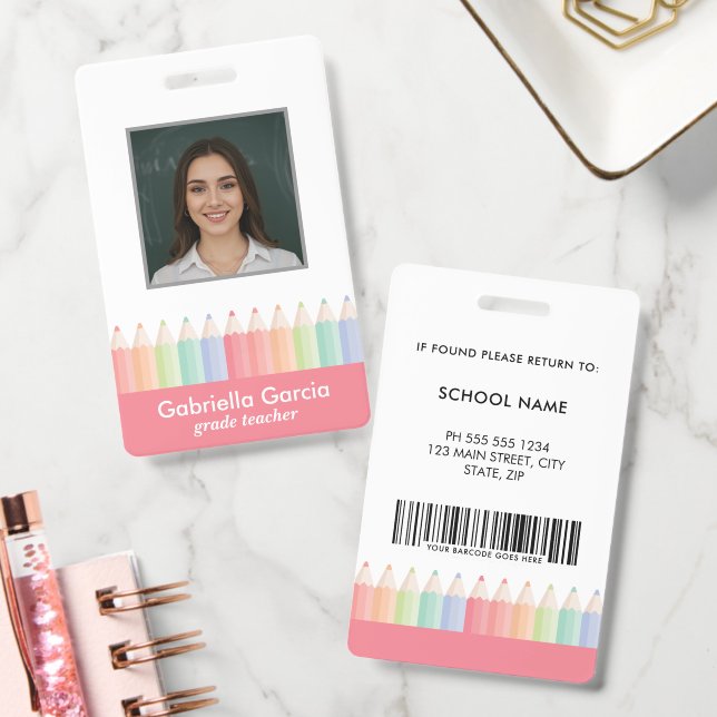 Custom Colourful Red Barcode School Teacher ID Badge (Office)