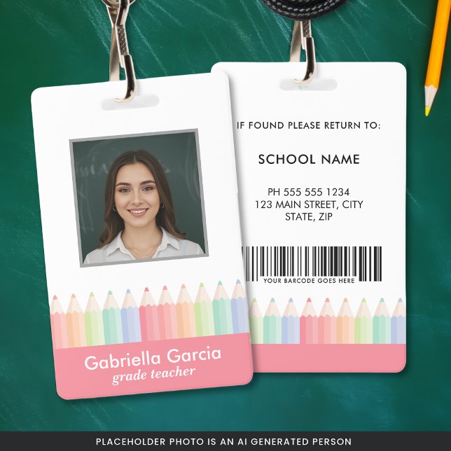 Custom Colourful Red Barcode School Teacher ID Badge (Customize ID with your photo, name, title, barcode, and contact information.)