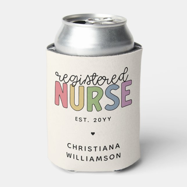 Custom Colourful Registered Nurse RN Graduation Can Cooler (Can Front)