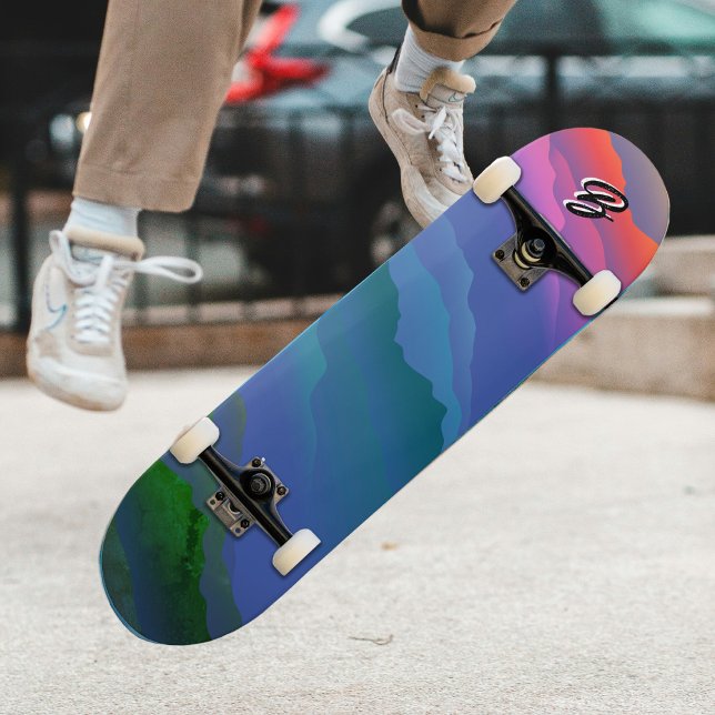 Custom Colourful Sky Mountain Forest Sea Wavy Line Skateboard (Creator Uploaded)