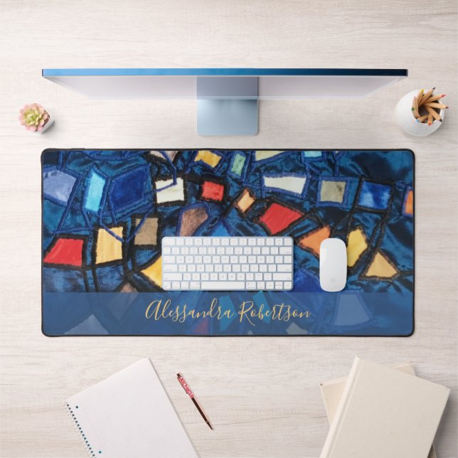 Custom Colourful Stained Glass Look Abstract Navy  Desk Mat (Office 1)