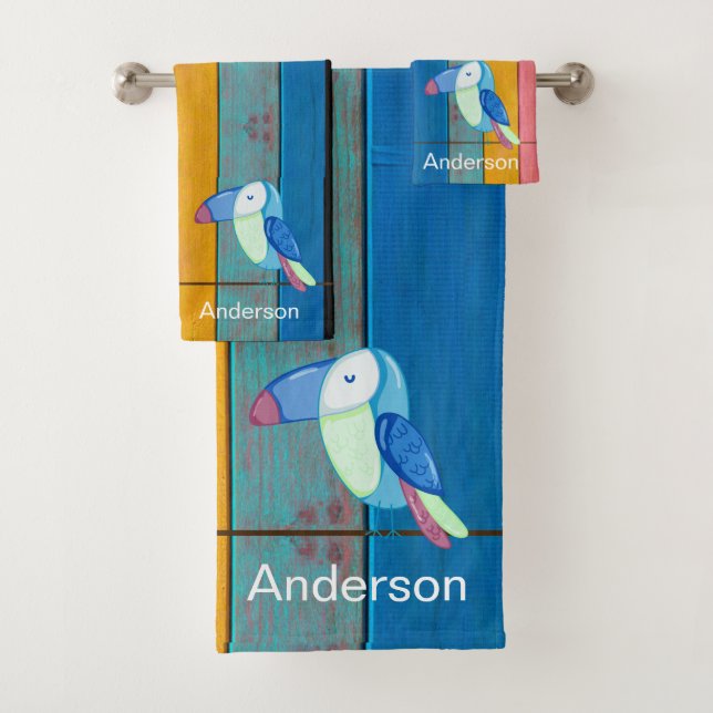 Custom Colourful Toucan Beach Rustic Wood  Bath Towel Set (Insitu)