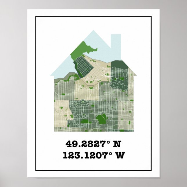 Custom Colourful Vancouver Home Map w/ Coordinates Poster (Front)