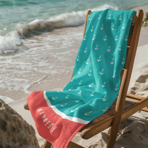 Custom Colours Add Name Nautical Anchor Beach Towel