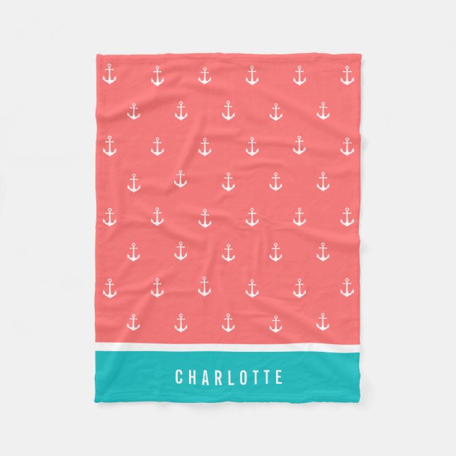 Custom Colours Add Name Nautical Anchor Fleece Blanket (Front)