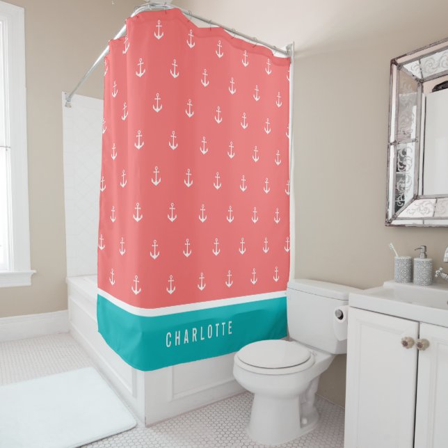 Custom Colours Add Name Nautical Anchor Shower Curtain (In Situ)