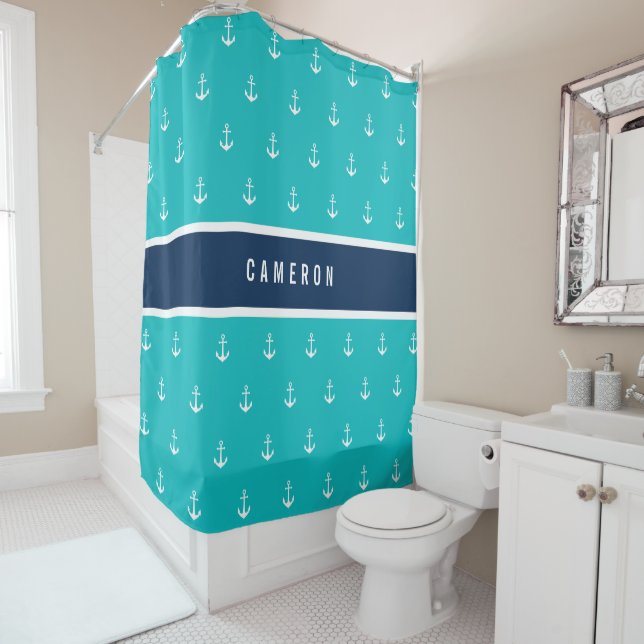 Custom Colours Add Name Nautical Anchor Shower Curtain (In Situ)