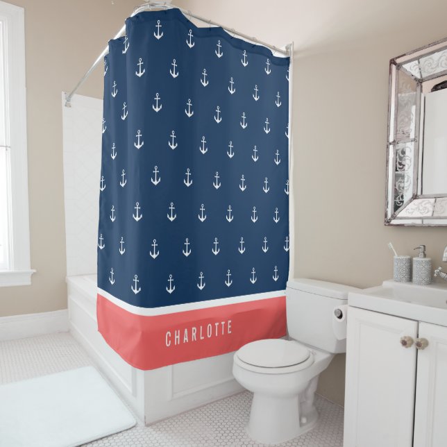 Custom Colours Add Name Nautical Anchor Shower Curtain (In Situ)