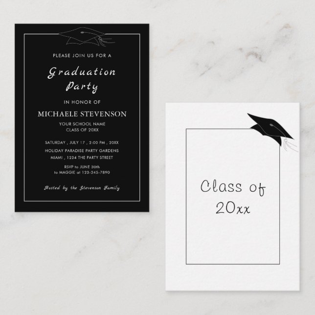 Custom Colours Black White Graduation Invitation (Front/Back)