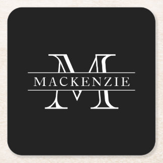 Custom Colours Border Bar Family Name Monogram Square Paper Coaster