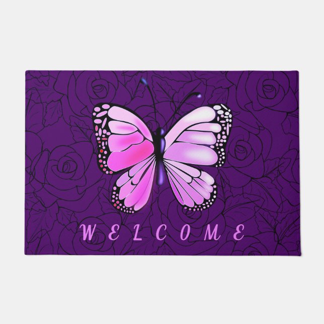 Custom Colours Doormat Pink Butterfly Roses Welcom (Front)