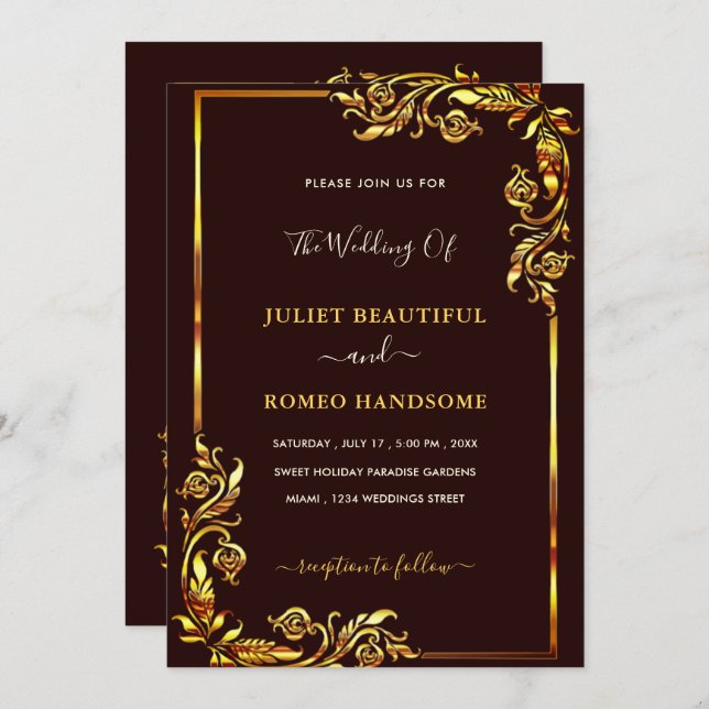 Custom Colours Gold Floral Frame Wedding Invitatio (Front/Back)