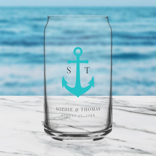 Custom Colours Monogram Anchor Wedding  Can Glass (Creator Uploaded)